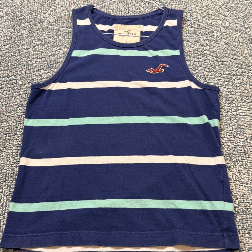 Hollister Mens Striped Tank Top Navy Blue Mint Green Small Seagull Logo